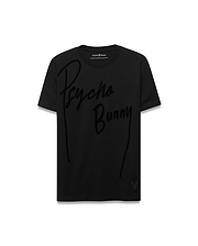 Mens Soren Graphic Tee, a black classic fit jersey t-shirt featuring a large tonal Psycho Bunny script graphic across the chest and a small tonal skull logo near the left hem. (1)