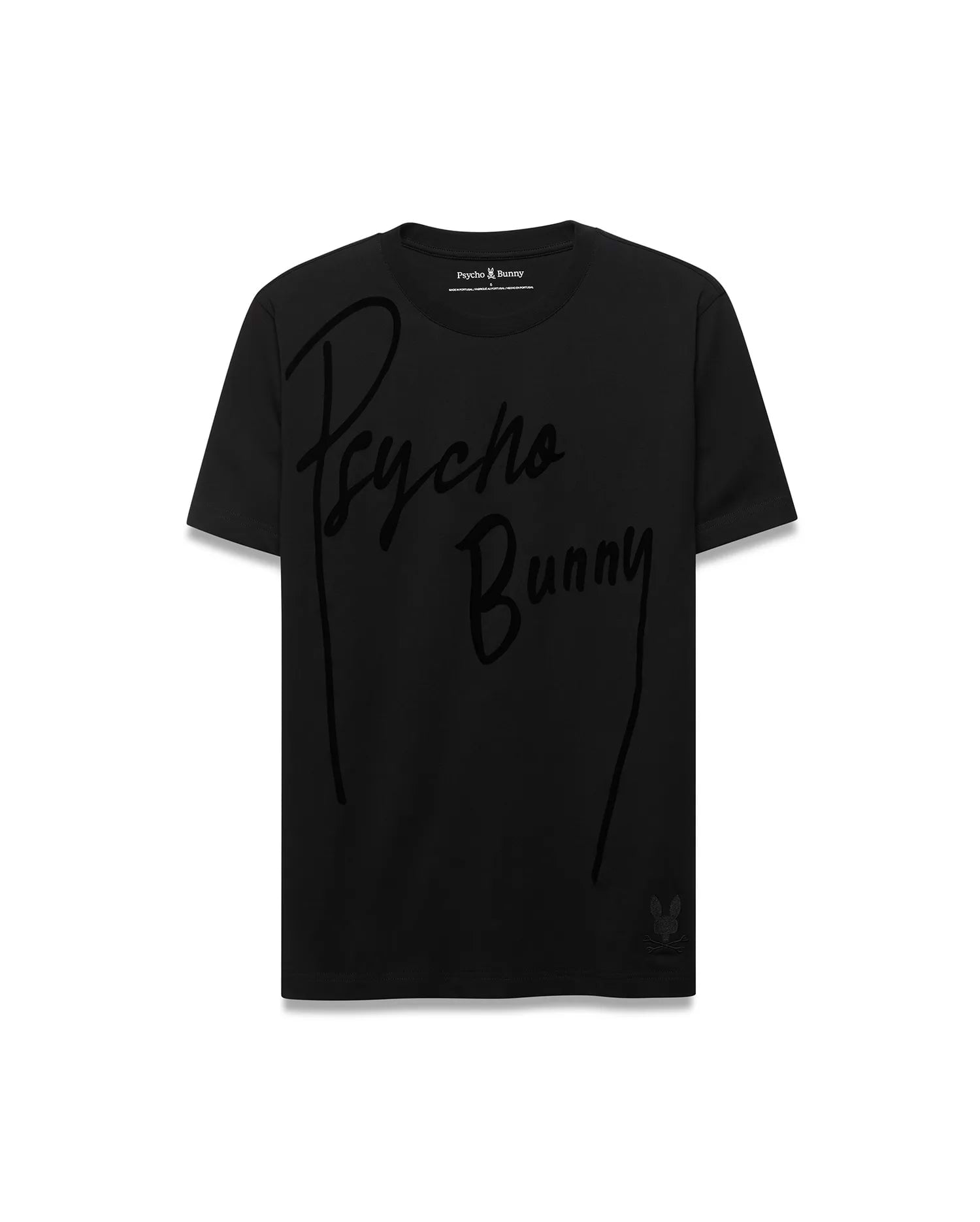 Mens Soren Graphic Tee, a black classic fit jersey t-shirt featuring a large tonal Psycho Bunny script graphic across the chest and a small tonal skull logo near the left hem. (1)