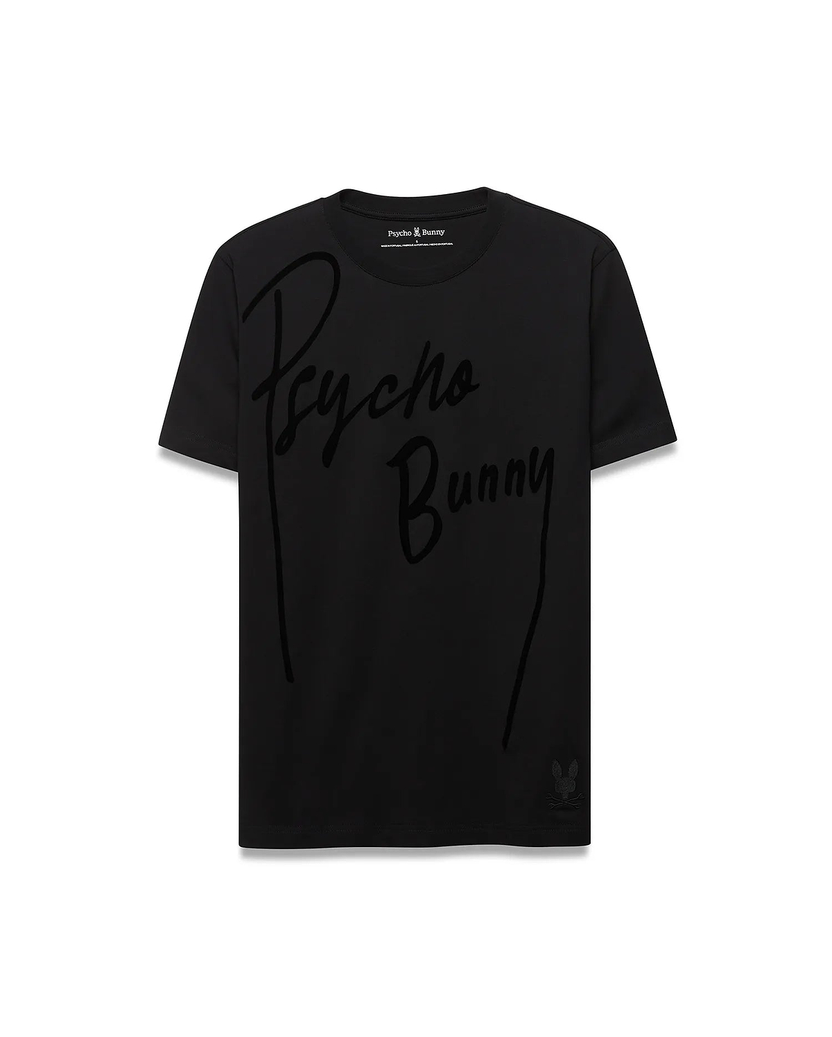 Mens Soren Graphic Tee, a black classic fit jersey t-shirt featuring a large tonal Psycho Bunny script graphic across the chest and a small tonal skull logo near the left hem. (1)