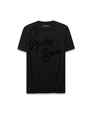 Mens Soren Graphic Tee, a black classic fit jersey t-shirt featuring a large tonal Psycho Bunny script graphic across the chest and a small tonal skull logo near the left hem. (1)
