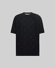 Black Mens Dustin Oversized Tee with an all-over tonal checkerboard pattern featuring alternating Psycho Bunny skull logos and textured squares, crafted from a soft knit fabric.