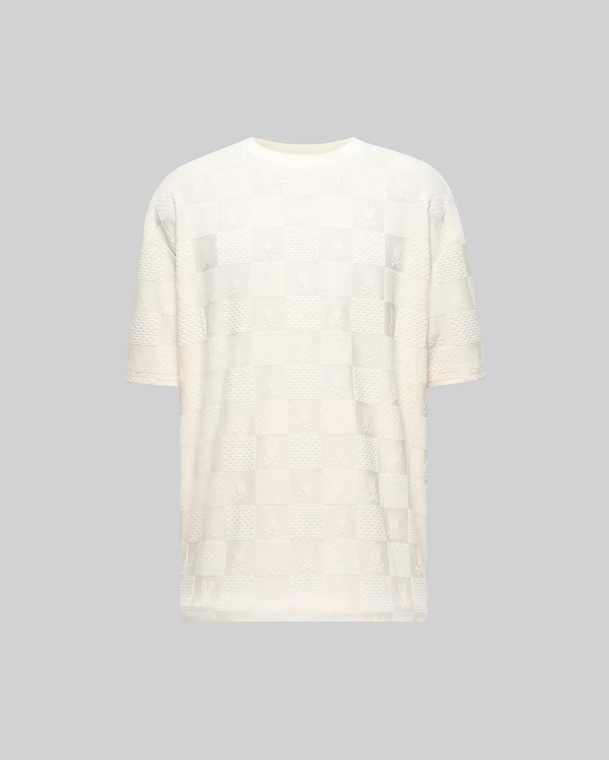 Mens Dustin Oversized Tee, cream jacquard knit with an all-over checkerboard pattern featuring embossed Psycho Bunny skull logos and textured squares.