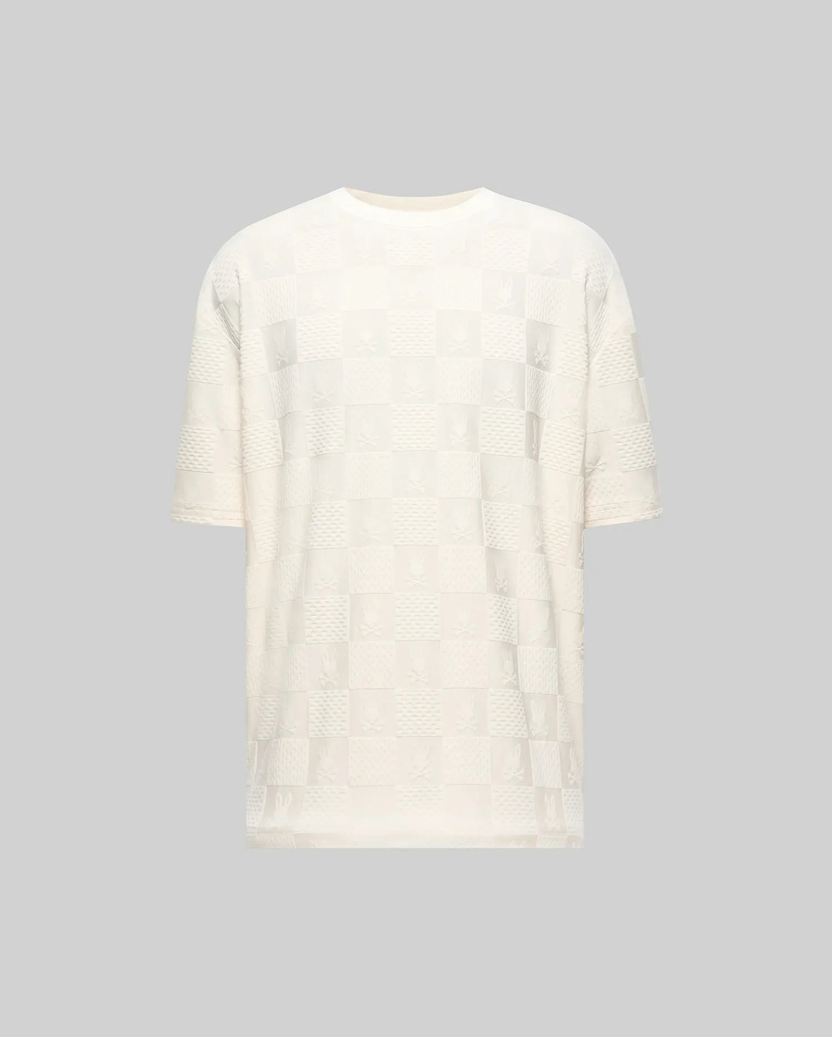 Mens Dustin Oversized Tee, cream jacquard knit with an all-over checkerboard pattern featuring embossed Psycho Bunny skull logos and textured squares.