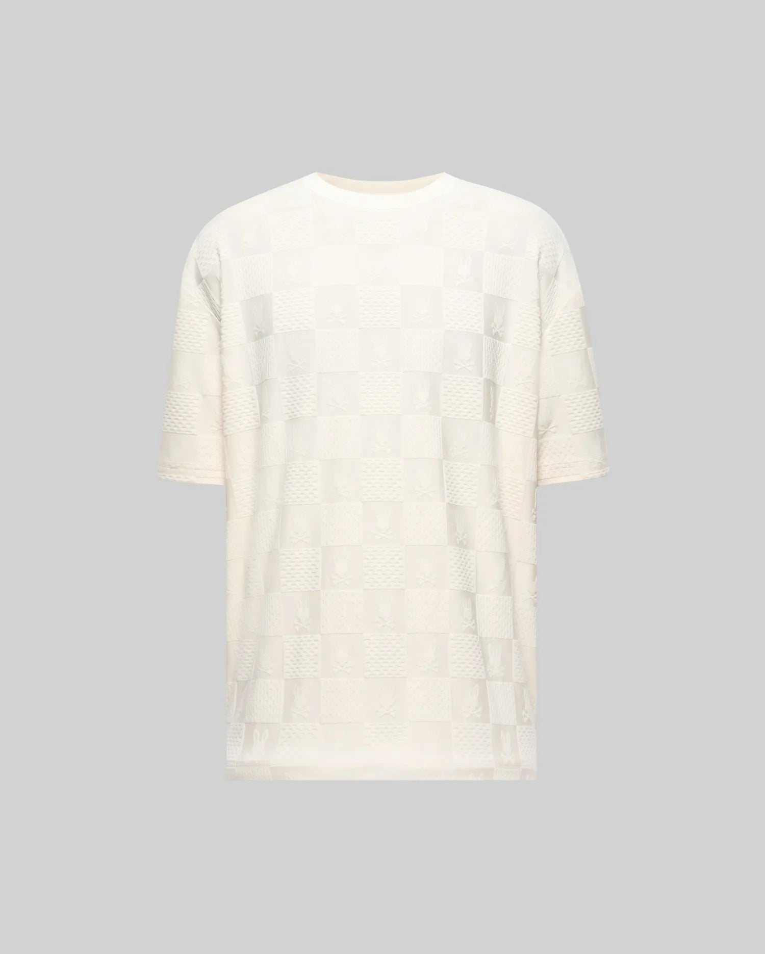 Mens Dustin Oversized Tee, cream jacquard knit with an all-over checkerboard pattern featuring embossed Psycho Bunny skull logos and textured squares.