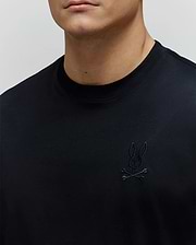 Black Mens Oscar Oversized Tee in smooth jersey knit, featuring a small, tonal black embroidered Psycho Bunny skull and crossbones logo on the left chest.