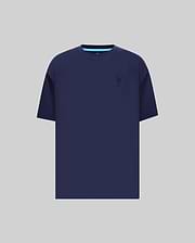 Mens Oscar Oversized Tee in navy blue jersey knit, featuring a relaxed fit, small embroidered Psycho Bunny skull logo on the left chest, and a light blue accent stripe on the inner collar.