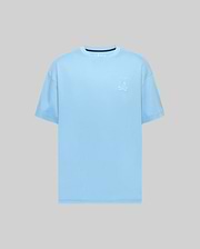 Mens Oscar Oversized Tee, a light blue oversized jersey knit t-shirt featuring a white embroidered Psycho Bunny skull logo on the left chest and a navy inner collar with white Psycho Bunny text. (4)