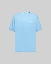 Mens Oscar Oversized Tee, a light blue oversized jersey knit t-shirt featuring a white embroidered Psycho Bunny skull logo on the left chest and a navy inner collar with white Psycho Bunny text. (4)