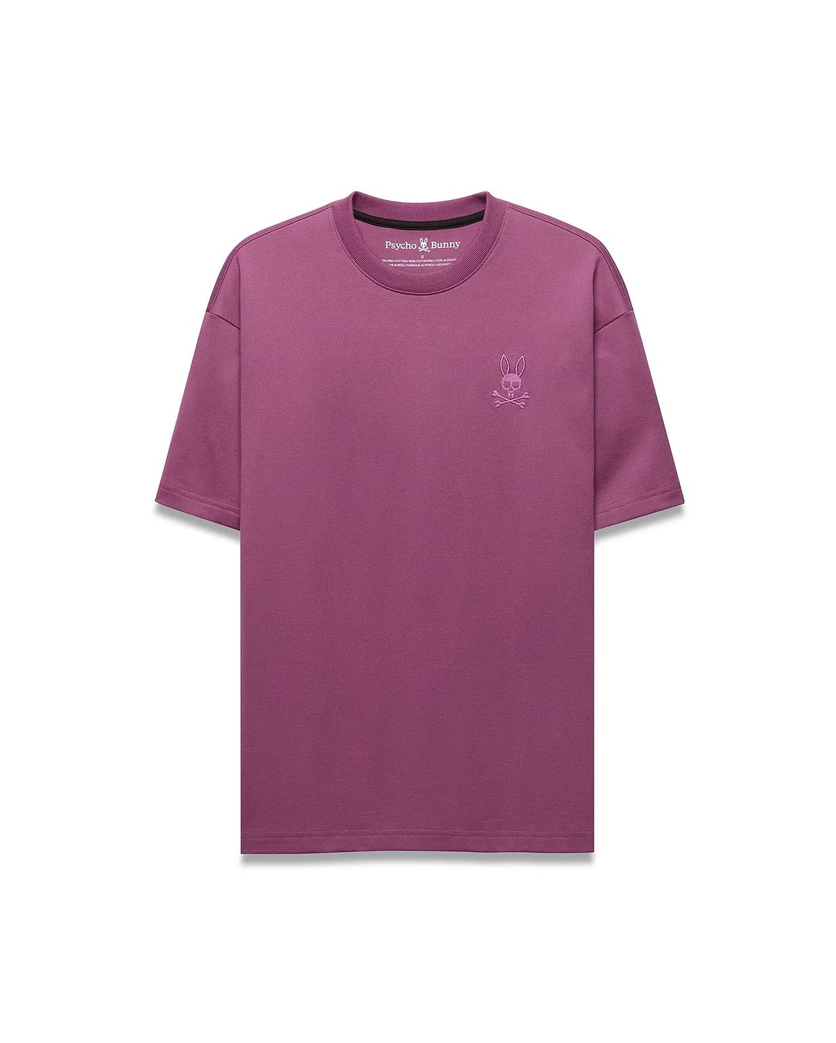 Mens Oscar Relaxed Fit Tee in plum, a smooth jersey knit with a small, tonal embroidered Psycho Bunny skull logo on the left chest.