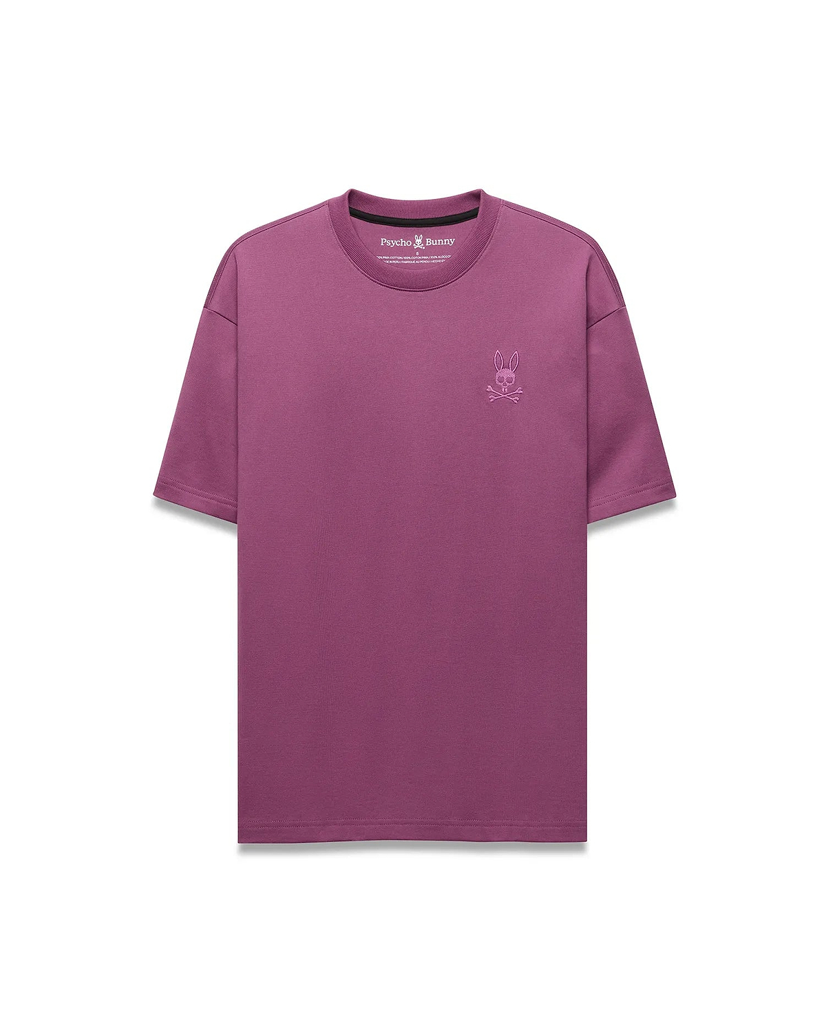 Mens Oscar Relaxed Fit Tee in plum, a smooth jersey knit with a small, tonal embroidered Psycho Bunny skull logo on the left chest.