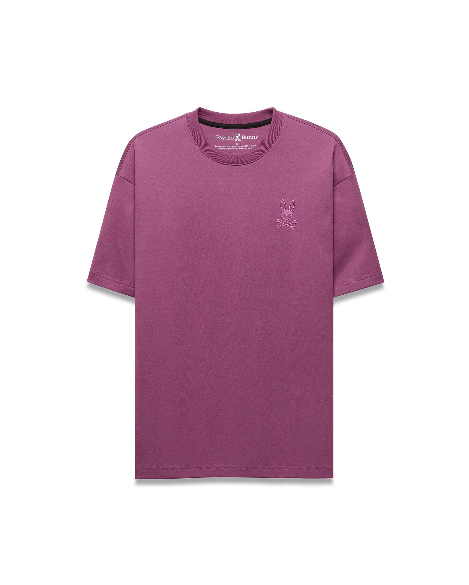 Mens Oscar Relaxed Fit Tee in plum, a smooth jersey knit with a small, tonal embroidered Psycho Bunny skull logo on the left chest.