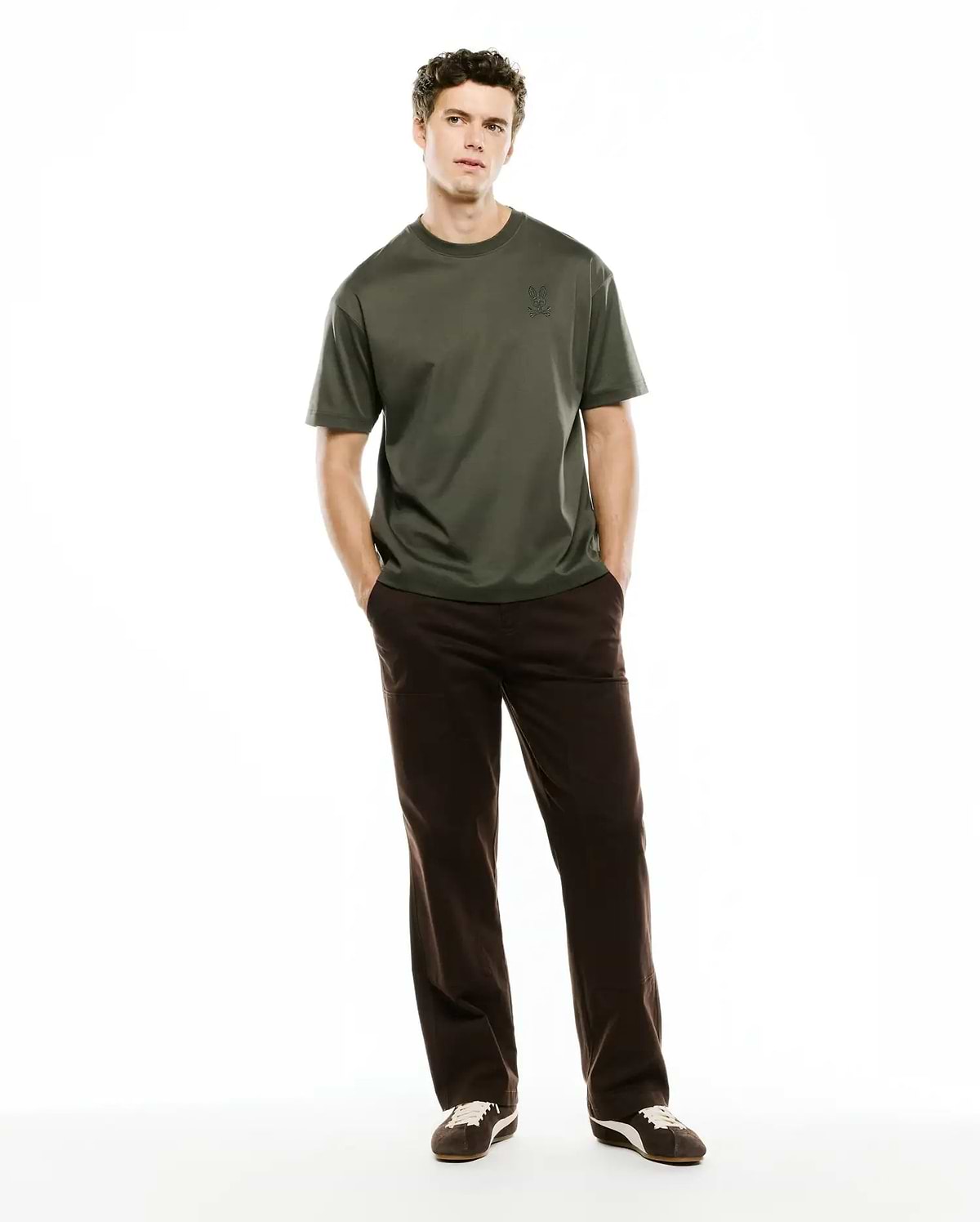 Mens Oscar Relaxed Fit Tee in dark olive green jersey knit, featuring a small, tone-on-tone embroidered Psycho Bunny skull logo on the left chest.