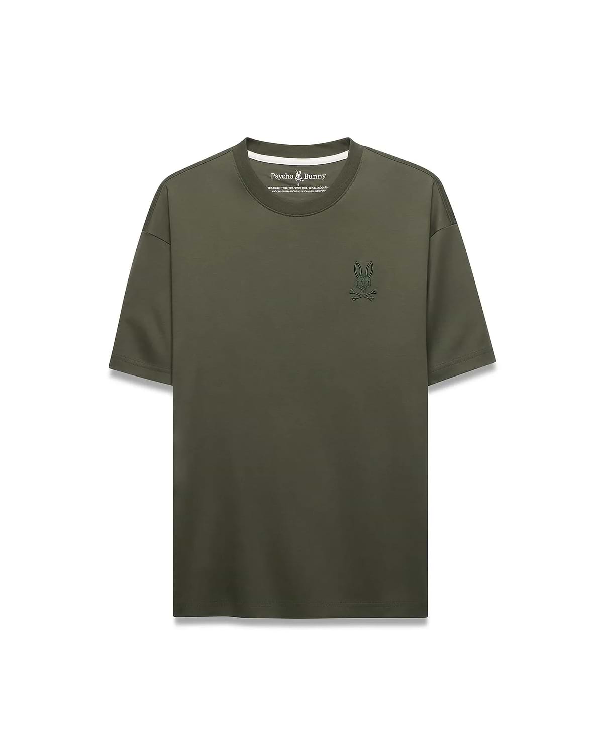 Mens Oscar Relaxed Fit Tee in olive green, crafted from smooth jersey knit fabric, featuring a small, embroidered darker olive green Psycho Bunny skull logo on the left chest.