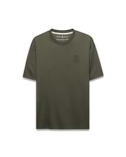 Mens Oscar Relaxed Fit Tee in olive green, crafted from smooth jersey knit fabric, featuring a small, embroidered darker olive green Psycho Bunny skull logo on the left chest.