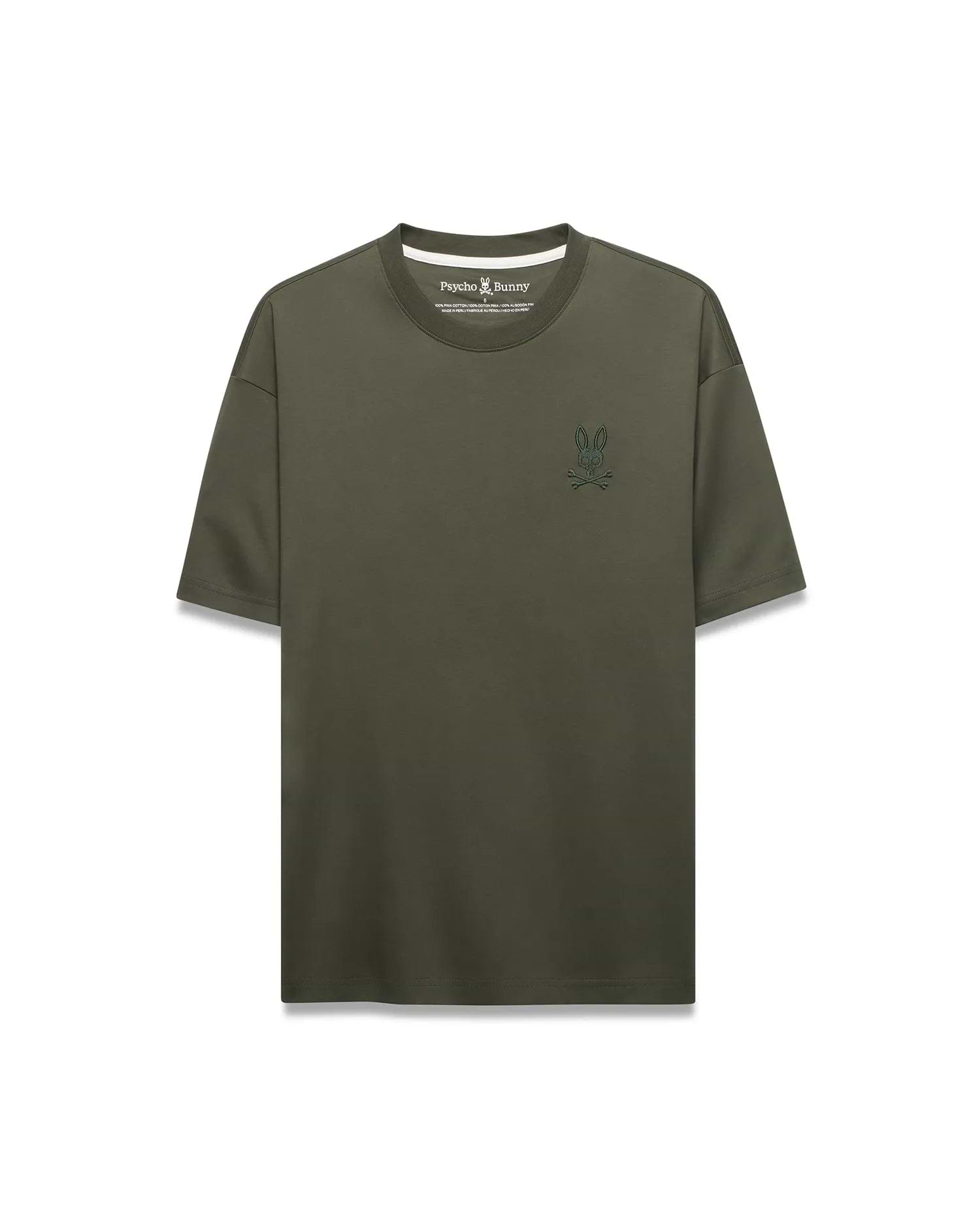 Mens Oscar Relaxed Fit Tee in olive green, crafted from smooth jersey knit fabric, featuring a small, embroidered darker olive green Psycho Bunny skull logo on the left chest.