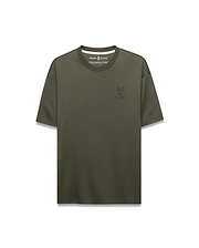 Mens Oscar Relaxed Fit Tee in olive green, crafted from smooth jersey knit fabric, featuring a small, embroidered darker olive green Psycho Bunny skull logo on the left chest.