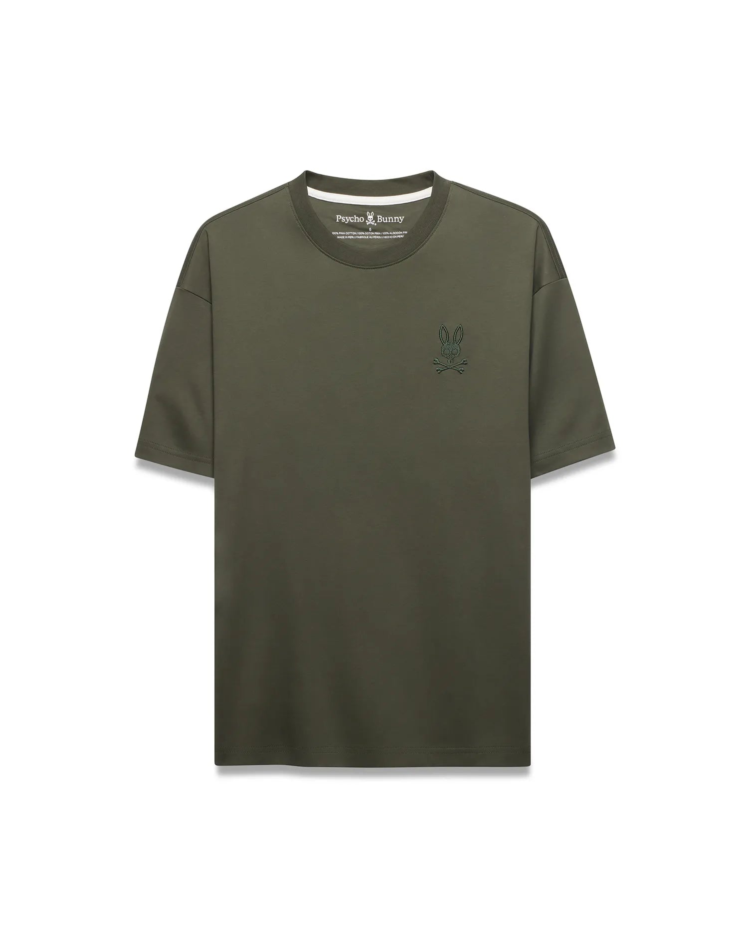 Mens Oscar Relaxed Fit Tee in olive green, crafted from smooth jersey knit fabric, featuring a small, embroidered darker olive green Psycho Bunny skull logo on the left chest.