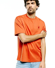 Men's Oscar Oversized Tee, a heathered orange, soft jersey knit t-shirt featuring a small, tonal embroidered Psycho Bunny skull logo on the left chest. (3)