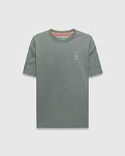 Mens Oscar Oversized Tee in muted sage green jersey knit, featuring a small white embroidered Psycho Bunny skull logo on the left chest and a vibrant coral inner collar accent. (4)