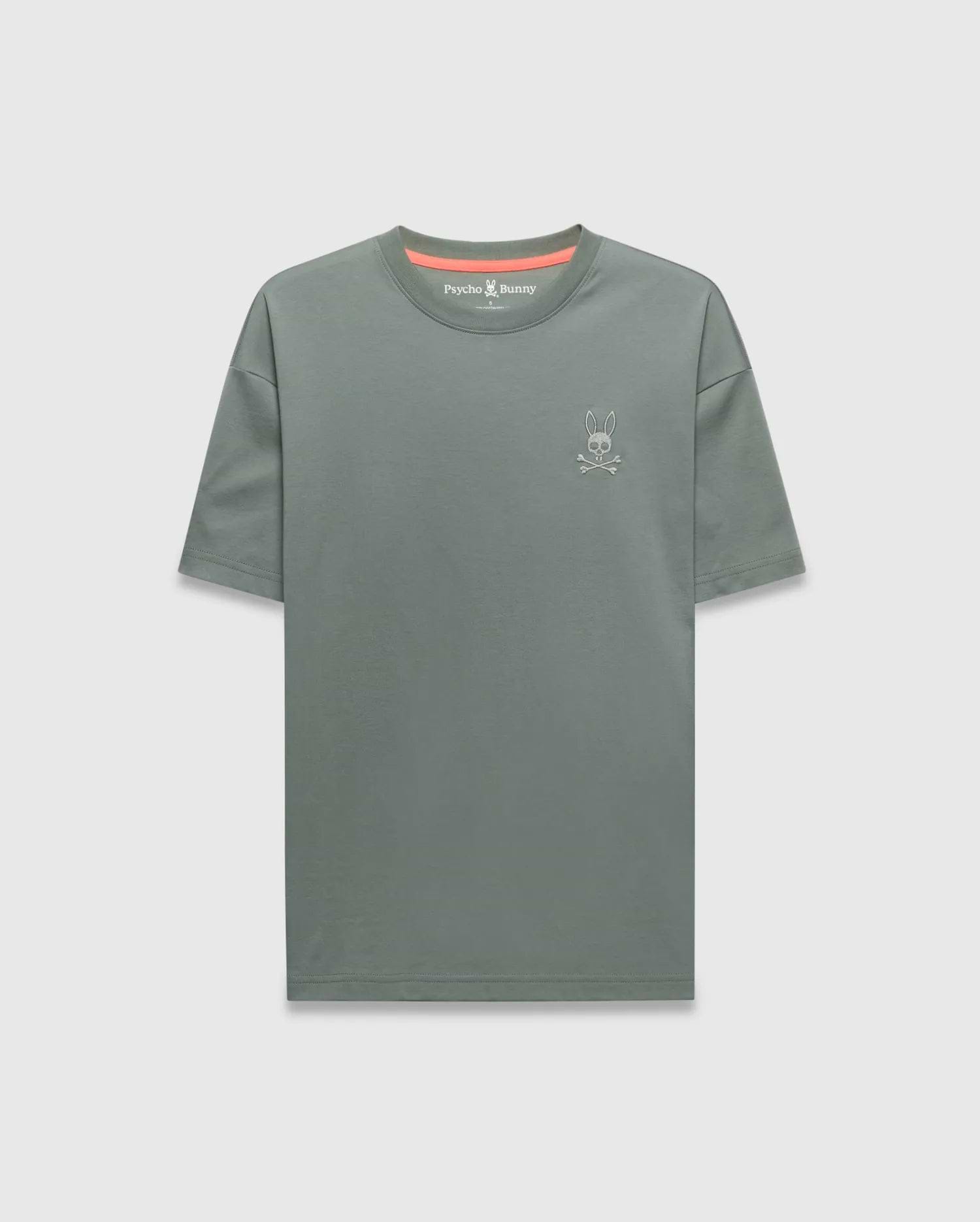 Mens Oscar Oversized Tee in muted sage green jersey knit, featuring a small white embroidered Psycho Bunny skull logo on the left chest and a vibrant coral inner collar accent. (4)