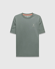 Mens Oscar Oversized Tee in muted sage green jersey knit, featuring a small white embroidered Psycho Bunny skull logo on the left chest and a vibrant coral inner collar accent. (4)