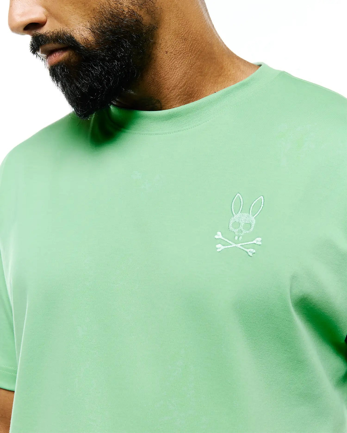 MENS OSCAR RELAXED FIT TEE in soft mint green jersey knit, featuring a small white embroidered Psycho Bunny skull and crossbones logo on the left chest.
