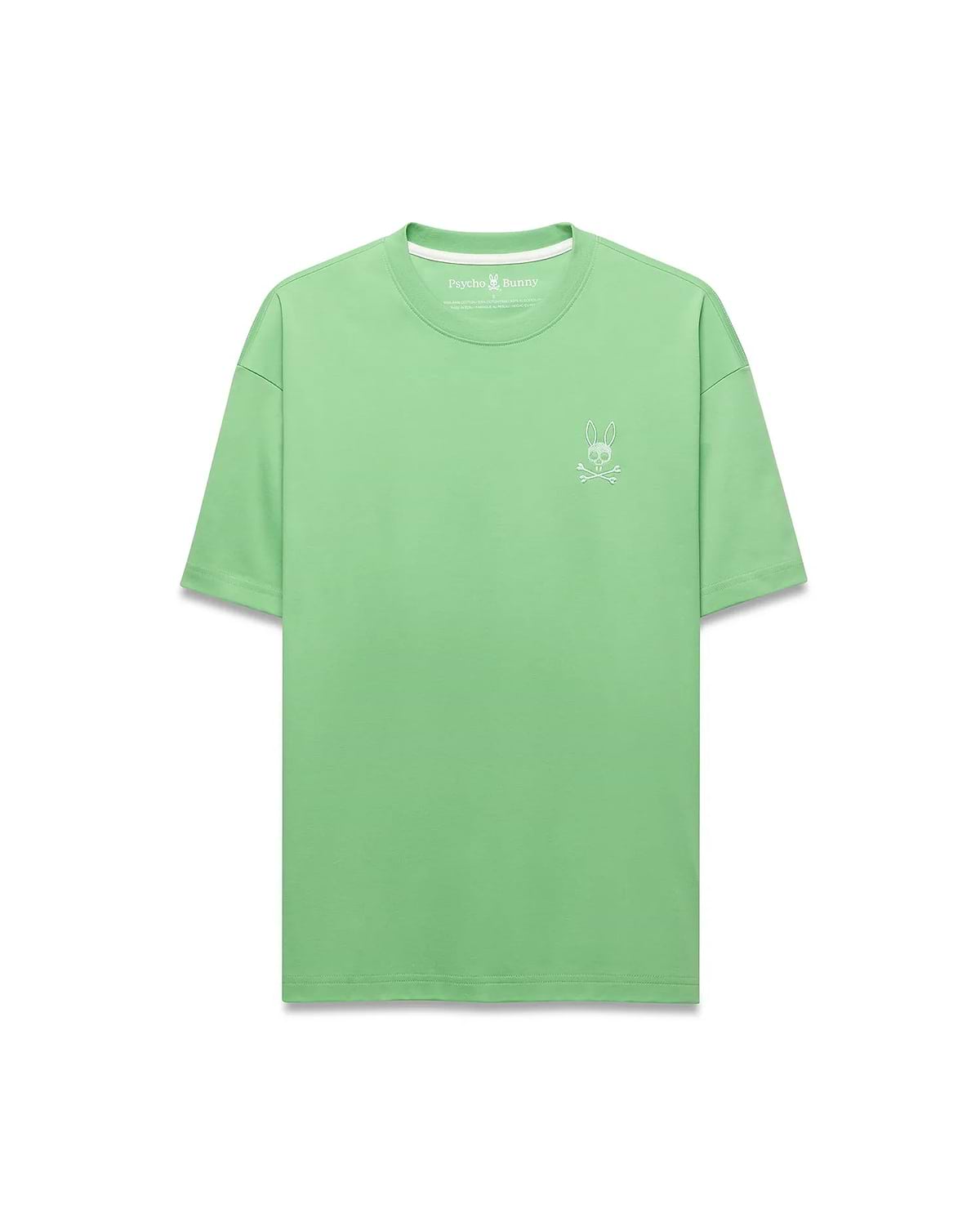 Mens Oscar Relaxed Fit Tee, a premium pastel lime green jersey knit t-shirt with a relaxed fit, showcasing the iconic small white embroidered Psycho Bunny skull logo on the left chest.