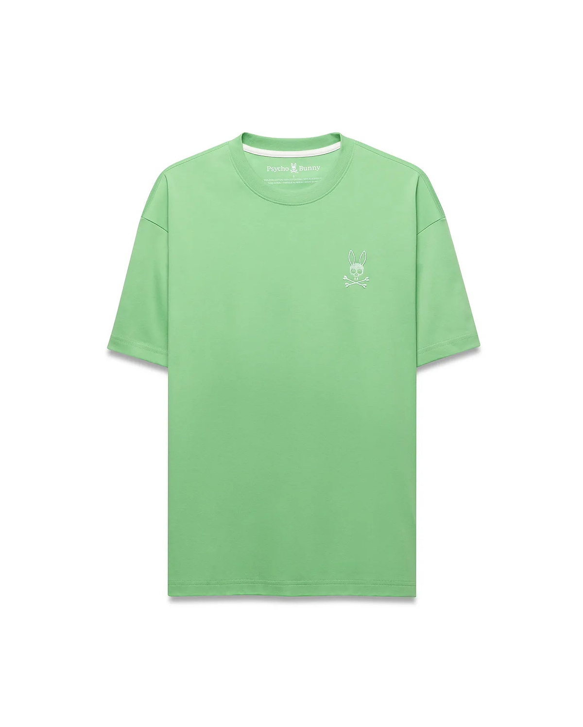 Mens Oscar Relaxed Fit Tee, a premium pastel lime green jersey knit t-shirt with a relaxed fit, showcasing the iconic small white embroidered Psycho Bunny skull logo on the left chest.