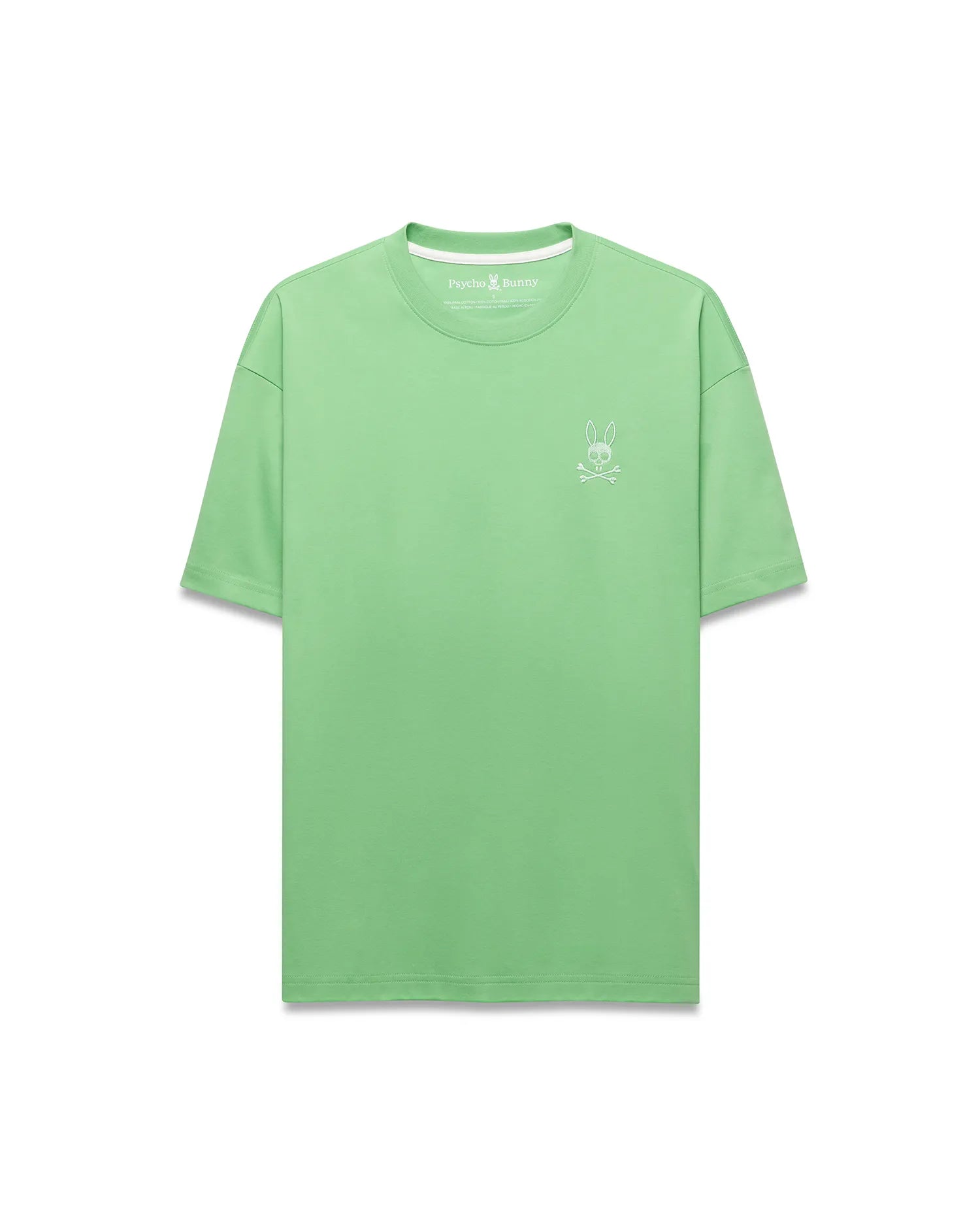 Mens Oscar Relaxed Fit Tee, a premium pastel lime green jersey knit t-shirt with a relaxed fit, showcasing the iconic small white embroidered Psycho Bunny skull logo on the left chest.