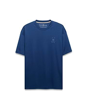 Mens Oscar Relaxed Fit Tee, a deep blue smooth jersey t-shirt featuring a small, lighter blue embroidered iconic Psycho Bunny skull logo on the left chest.
