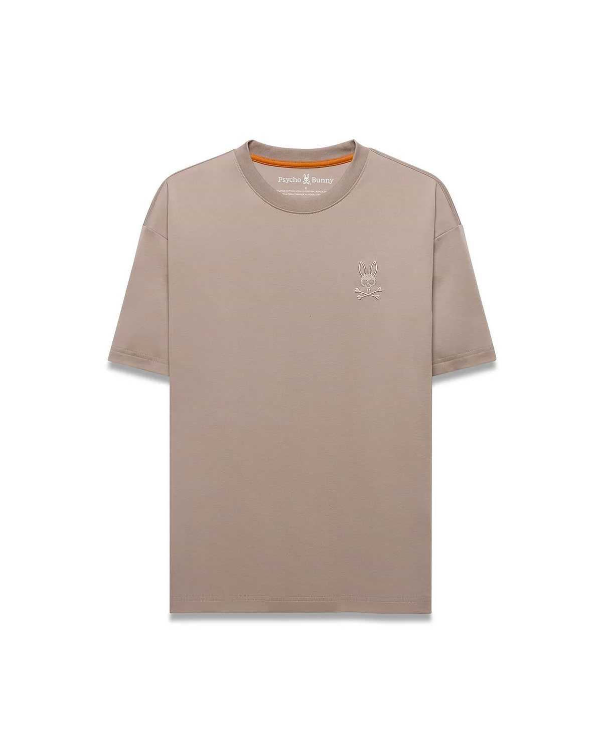 Men's Oscar Oversized Tee in taupe, featuring a relaxed fit, smooth jersey fabric, and a small embroidered white Psycho Bunny skull logo on the left chest with an orange inner neckline. (5)