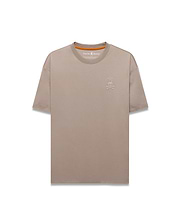 Men's Oscar Oversized Tee in taupe, featuring a relaxed fit, smooth jersey fabric, and a small embroidered white Psycho Bunny skull logo on the left chest with an orange inner neckline. (5)