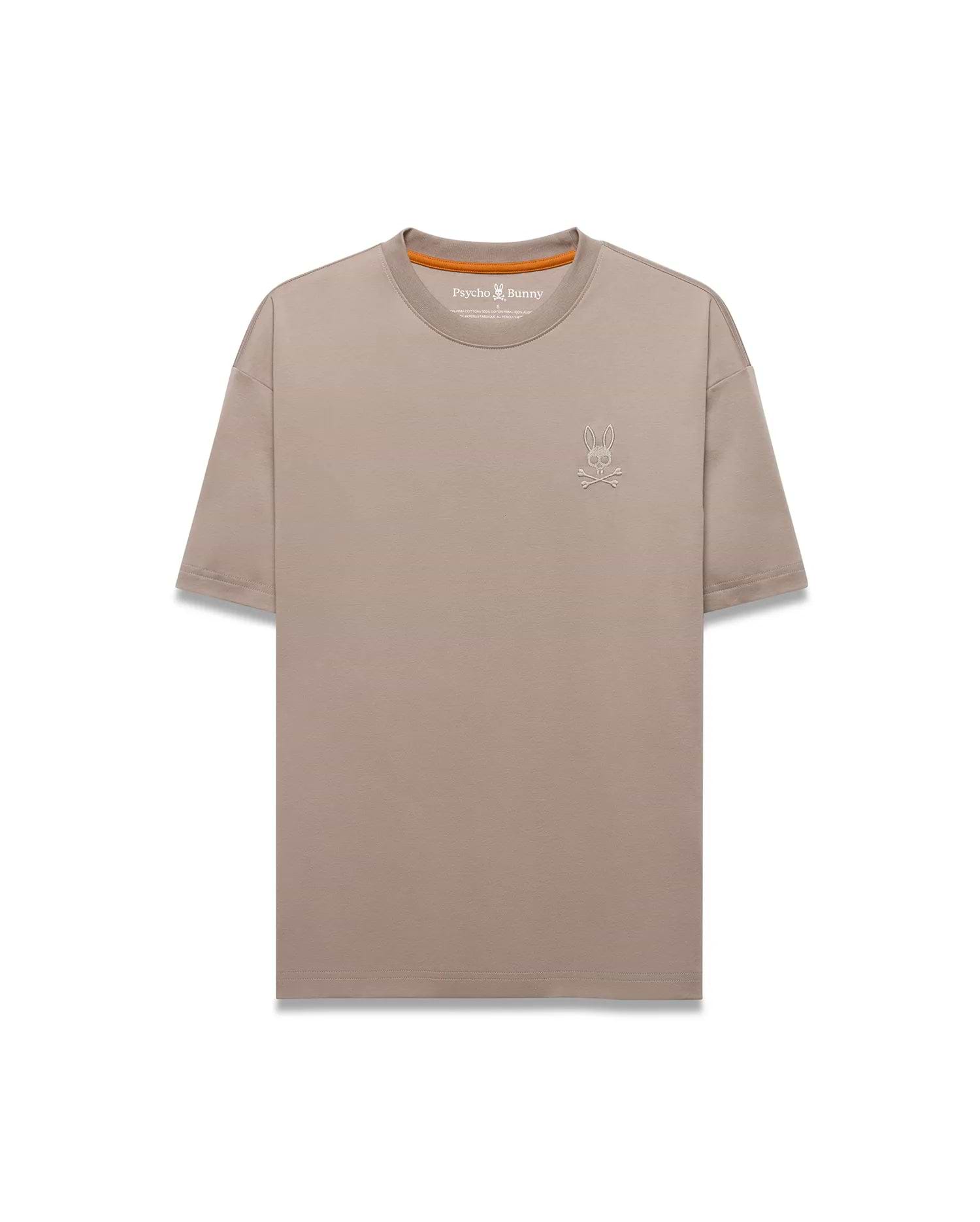 Men's Oscar Oversized Tee in taupe, featuring a relaxed fit, smooth jersey fabric, and a small embroidered white Psycho Bunny skull logo on the left chest with an orange inner neckline. (5)