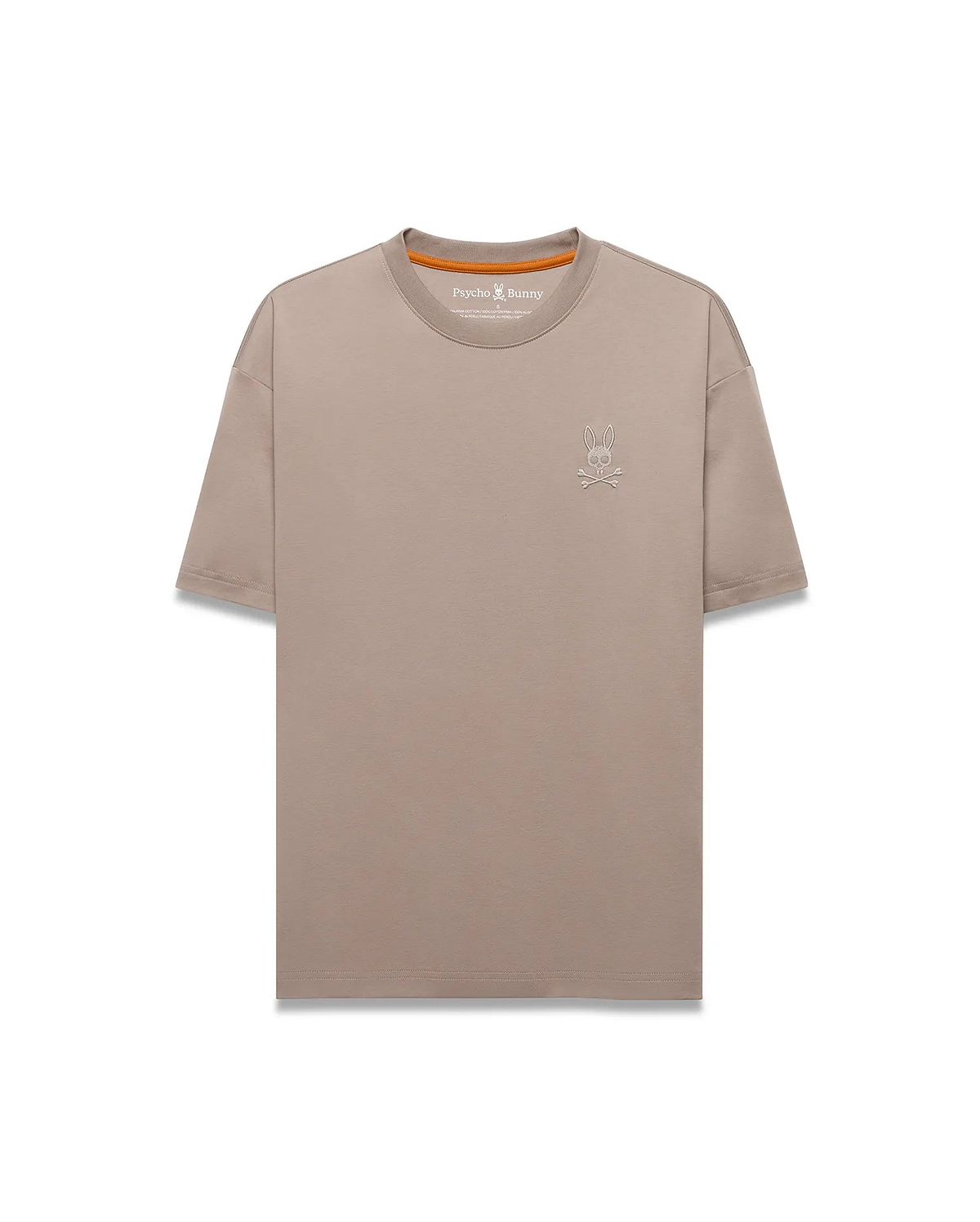 Men's Oscar Oversized Tee in taupe, featuring a relaxed fit, smooth jersey fabric, and a small embroidered white Psycho Bunny skull logo on the left chest with an orange inner neckline. (5)