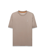 Men's Oscar Oversized Tee in taupe, featuring a relaxed fit, smooth jersey fabric, and a small embroidered white Psycho Bunny skull logo on the left chest with an orange inner neckline. (5)