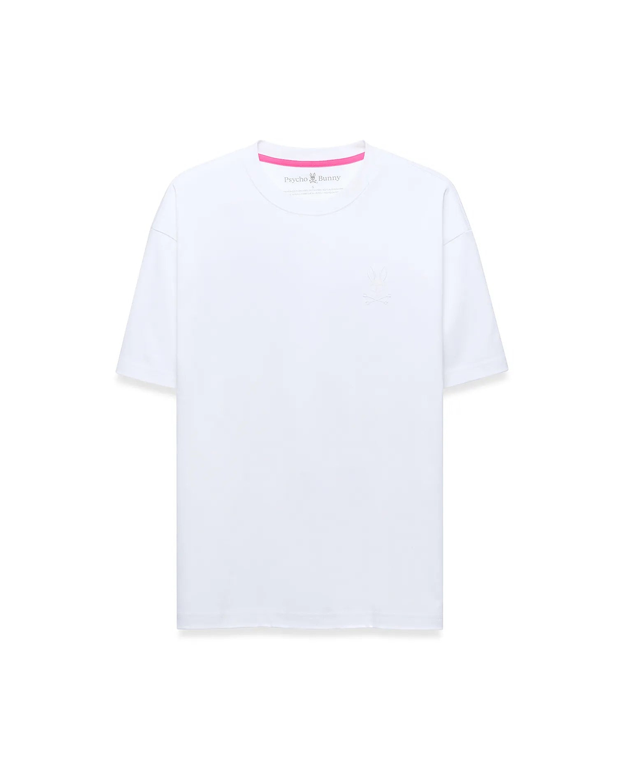 White Mens Oscar Relaxed Fit Tee, made from soft jersey fabric, featuring a small tonal embroidered Psycho Bunny skull logo on the left chest and a vibrant pink accent trim inside the collar.