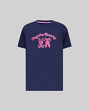 Mens Aram Graphic Tee, navy jersey knit, classic fit, with a bold raised hot pink Psycho Bunny script and bunny skull logo graphic on the chest, and pink inner collar trim.