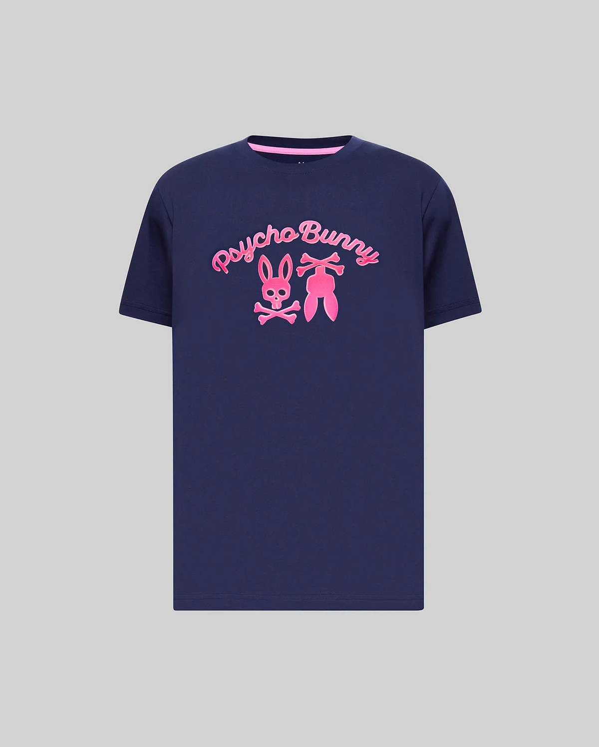 Mens Aram Graphic Tee, navy jersey knit, classic fit, with a bold raised hot pink Psycho Bunny script and bunny skull logo graphic on the chest, and pink inner collar trim.