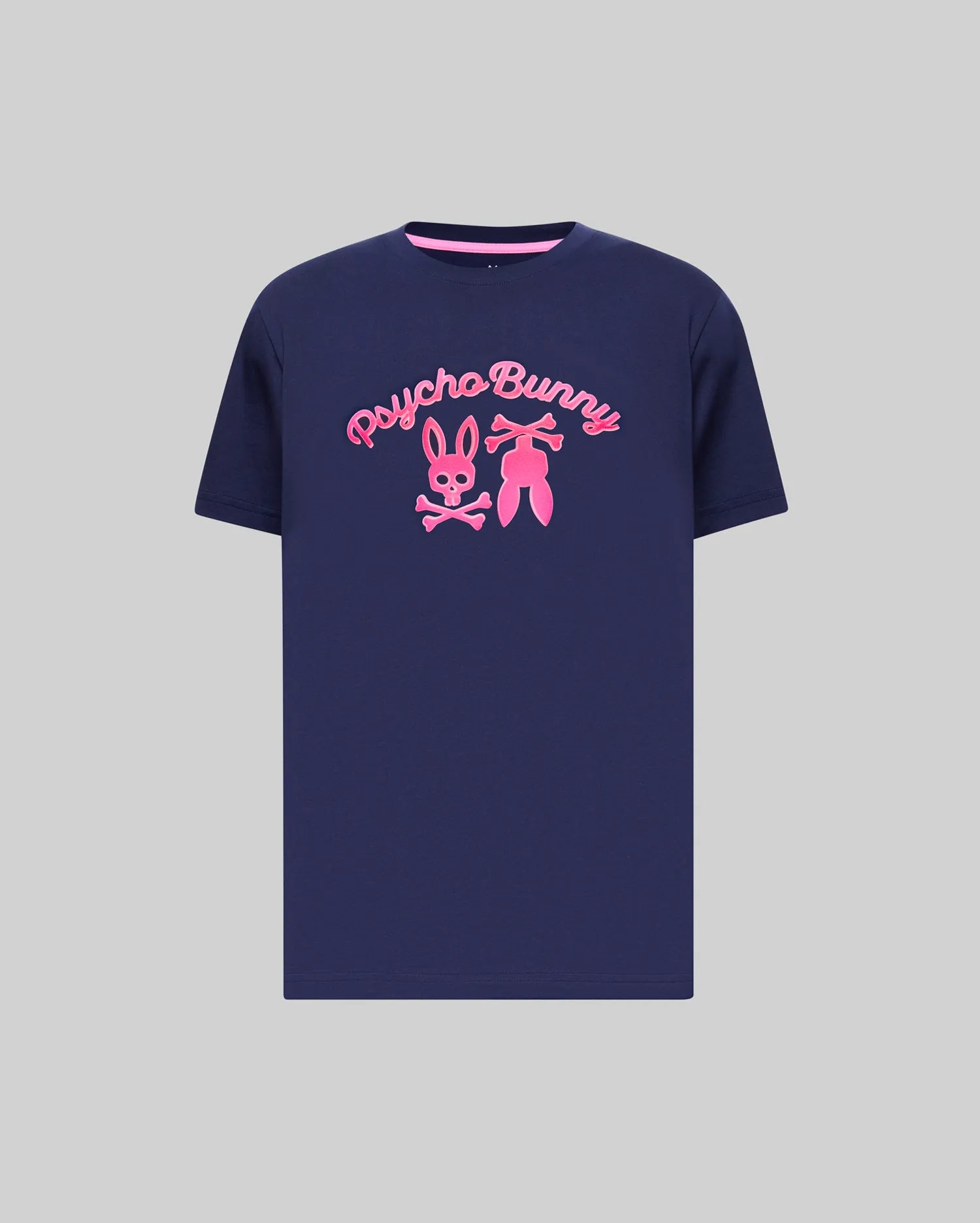 Mens Aram Graphic Tee, navy jersey knit, classic fit, with a bold raised hot pink Psycho Bunny script and bunny skull logo graphic on the chest, and pink inner collar trim.