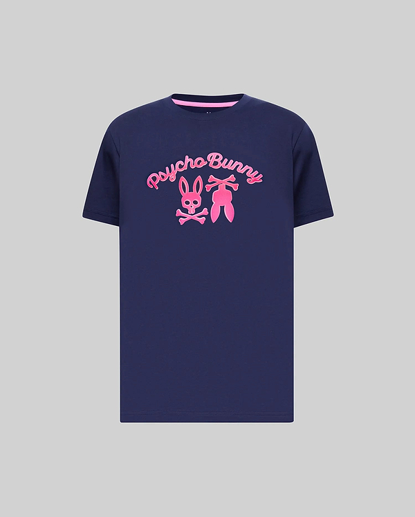 Mens Aram Graphic Tee, navy jersey knit, classic fit, with a bold raised hot pink Psycho Bunny script and bunny skull logo graphic on the chest, and pink inner collar trim.