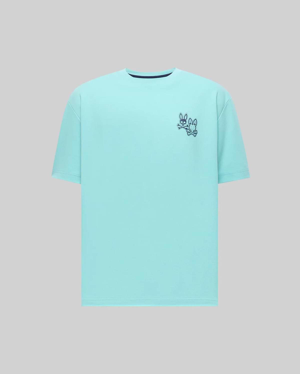 Mens Luke Back Graphic Tee, a relaxed fit aqua t-shirt in smooth jersey knit, featuring small embroidered dark blue Psycho Bunny skull logos with crossbones on the left chest.