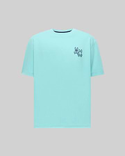 Mens Luke Back Graphic Tee, a relaxed fit aqua t-shirt in smooth jersey knit, featuring small embroidered dark blue Psycho Bunny skull logos with crossbones on the left chest.