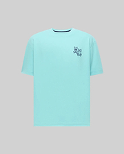 Mens Luke Back Graphic Tee, a relaxed fit aqua t-shirt in smooth jersey knit, featuring small embroidered dark blue Psycho Bunny skull logos with crossbones on the left chest.