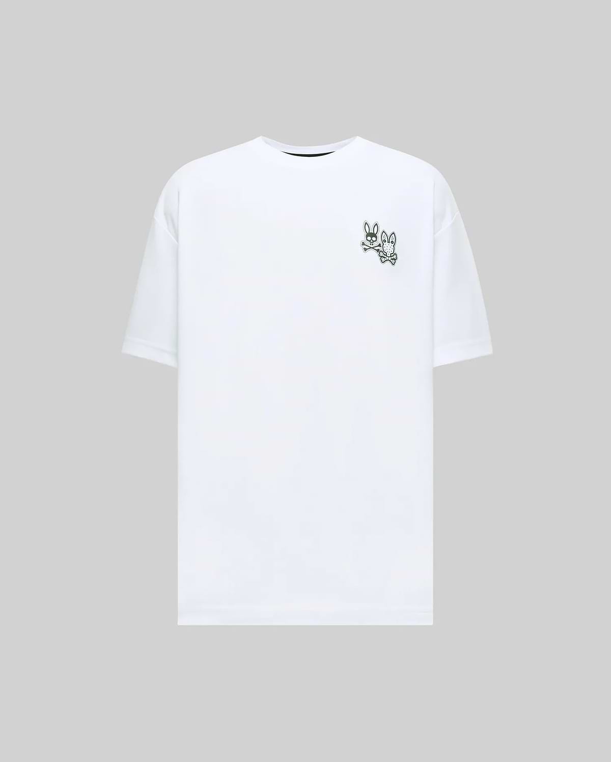 White Mens Luke Back Graphic Tee, a relaxed fit jersey t-shirt with a small, dark green embroidered Psycho Bunny logo depicting two bunny skulls and crossbones on the left chest.