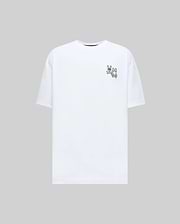 White Mens Luke Back Graphic Tee, a relaxed fit jersey t-shirt with a small, dark green embroidered Psycho Bunny logo depicting two bunny skulls and crossbones on the left chest.