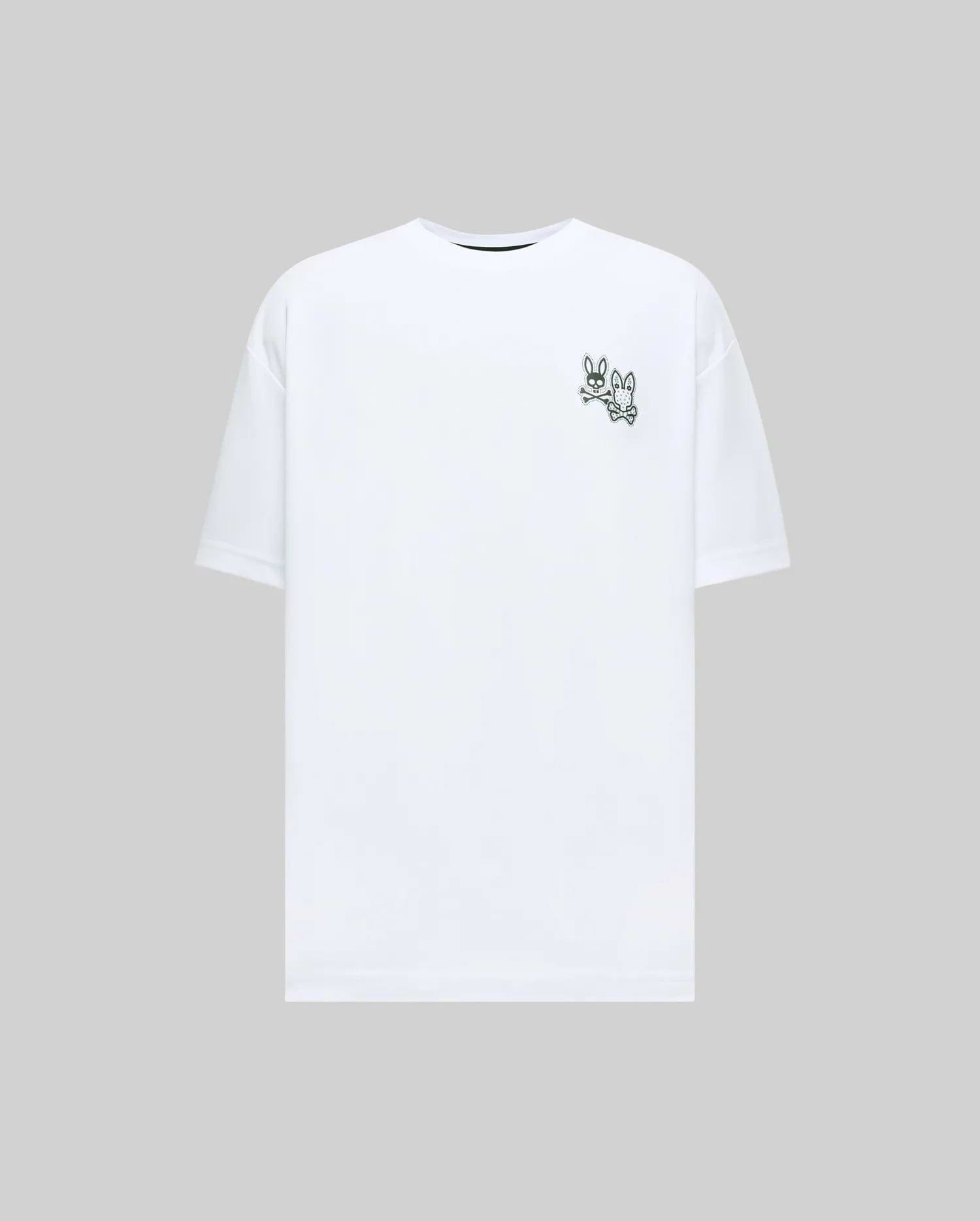 White Mens Luke Back Graphic Tee, a relaxed fit jersey t-shirt with a small, dark green embroidered Psycho Bunny logo depicting two bunny skulls and crossbones on the left chest.