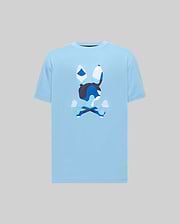 Mens Ara Graphic Tee in light blue, featuring a large central blue camouflage Psycho Bunny skull graphic on soft jersey knit with a classic fit.