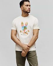 Cream Mens Ara Graphic Tee, classic fit jersey t-shirt featuring a large, geometric multi-color Psycho Bunny skull and crossbones graphic on the chest, with a small brand tag on the hem.
