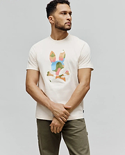 Cream Mens Ara Graphic Tee, classic fit jersey t-shirt featuring a large, geometric multi-color Psycho Bunny skull and crossbones graphic on the chest, with a small brand tag on the hem.