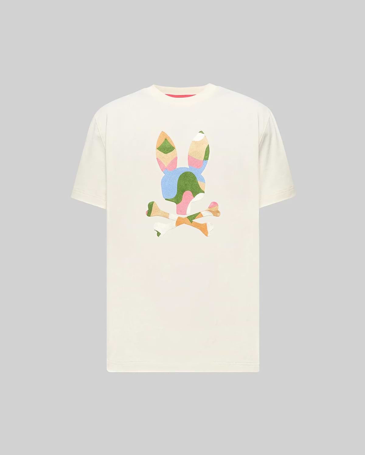Cream Mens Ara Graphic Tee, classic fit jersey, featuring a large, multi-color abstract Psycho Bunny skull logo on the center chest in green, blue, pink, orange, and yellow.
